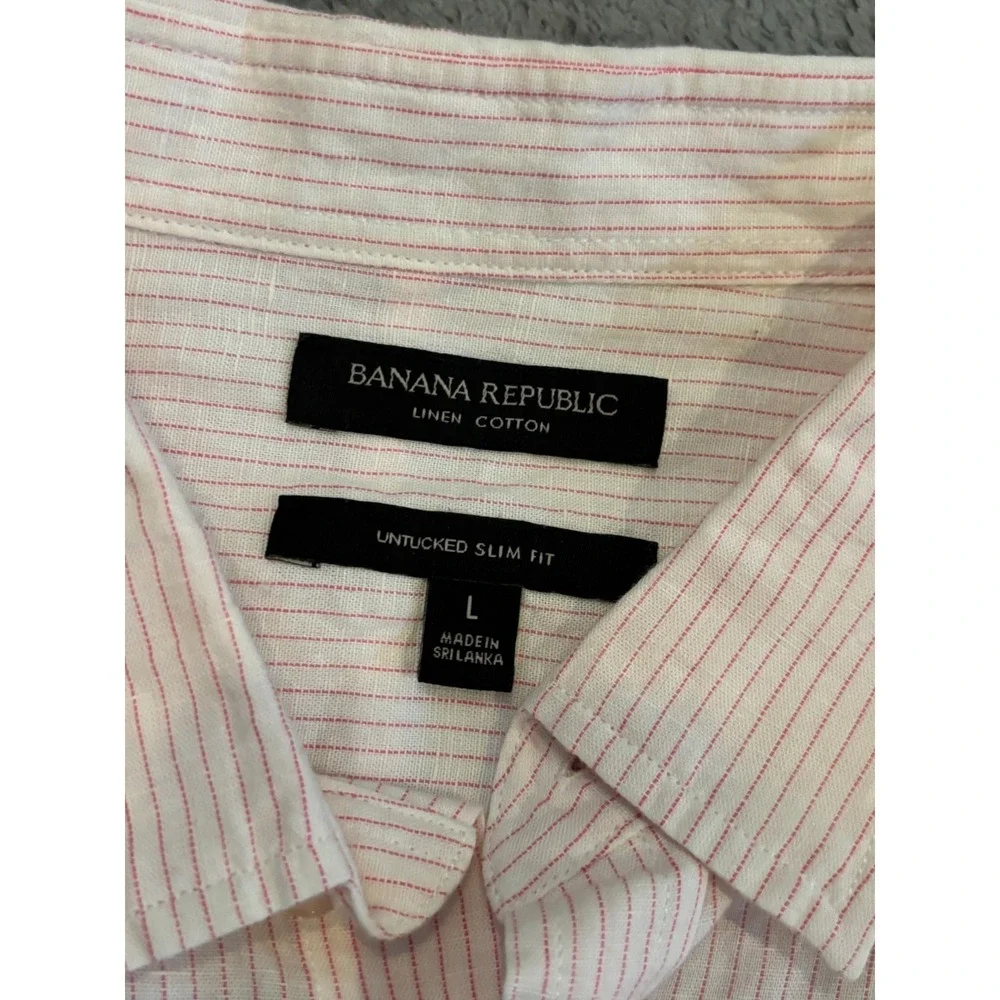 Banana Republic Shirt Mens Large Pink Striped Slim Untucked Linen Blend L/S